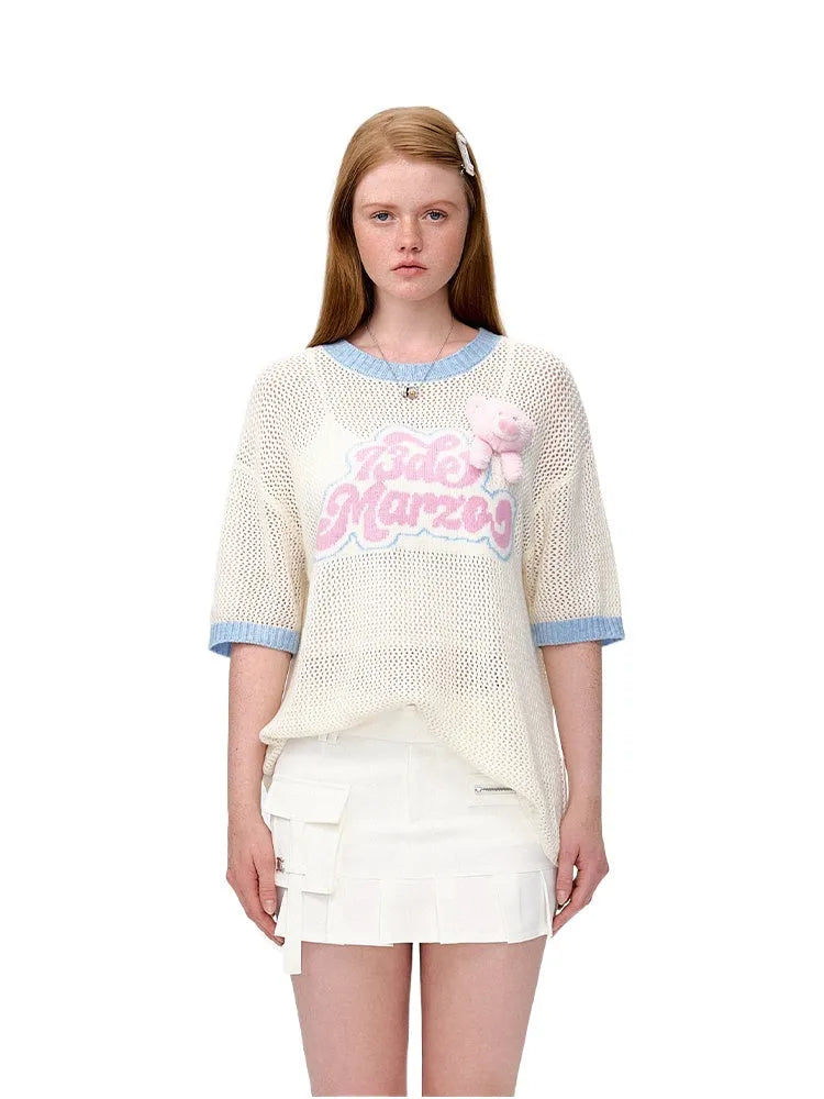 Hollow Color-Blocked Logo Round Neck T-shirt