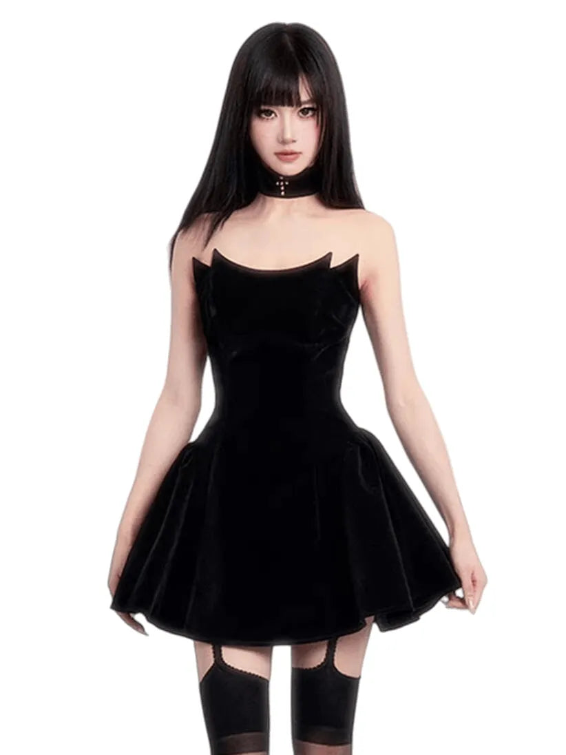 Devil’s Kiss Strapless Velvet Puff Dress