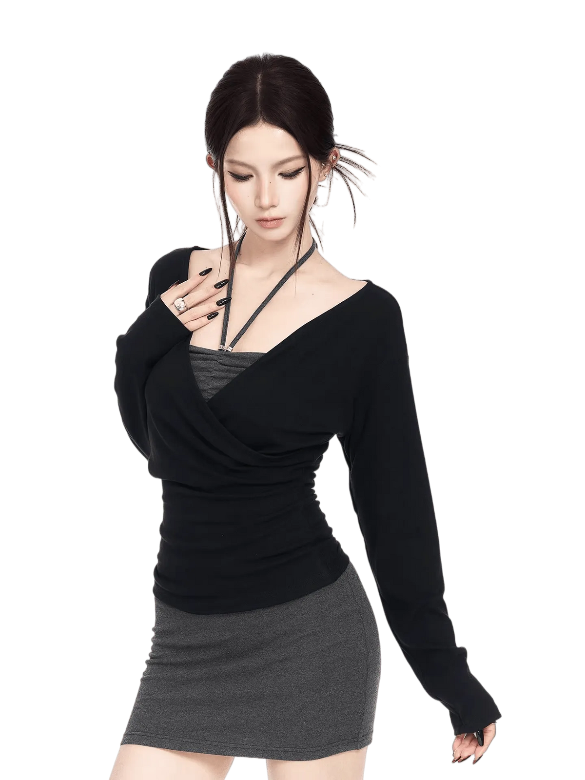 Contrast V-Neck Knit Top & Bodycon Dress Set