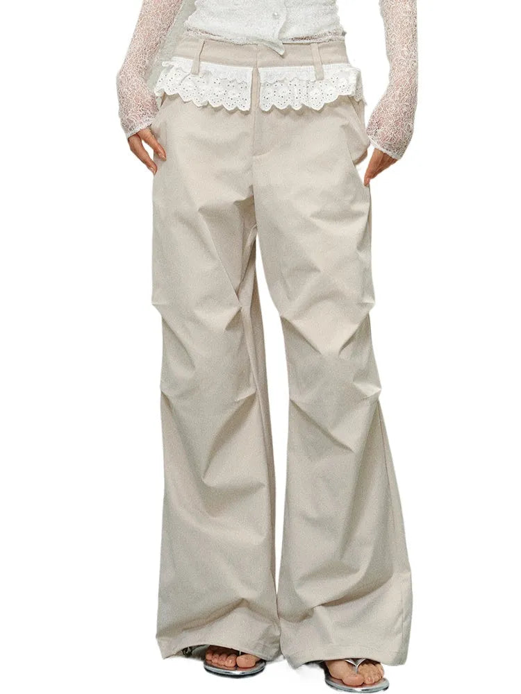 Lace Trim Pleated Cargo Pants