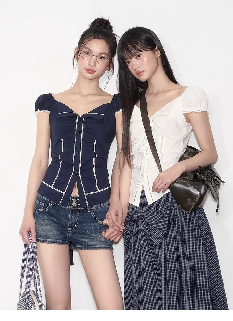 Lapel Waist-Cinching Lace Elastic Shirt