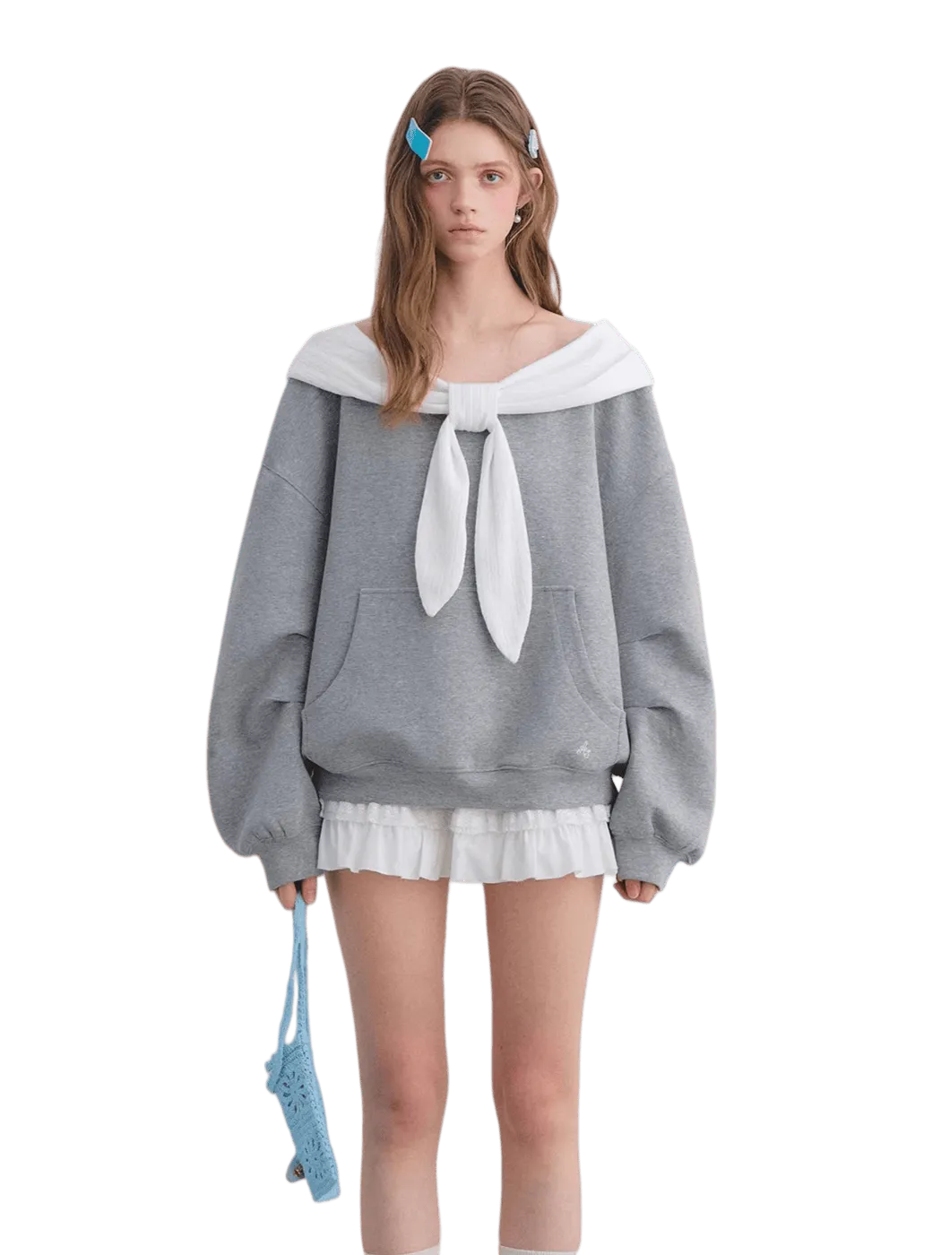 Rabbit-Ear Bow Off-Shoulder Hooded Sweatshirt
