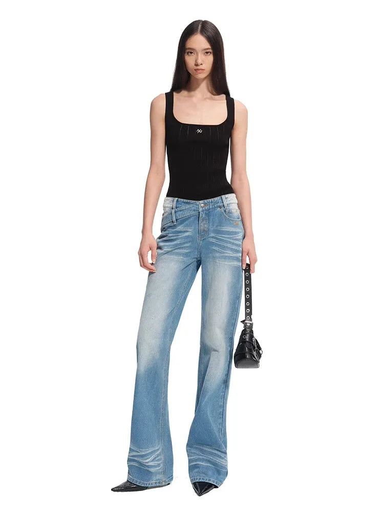 +5CM N2  Loose V-Waist Raw Denim Straight Jeans