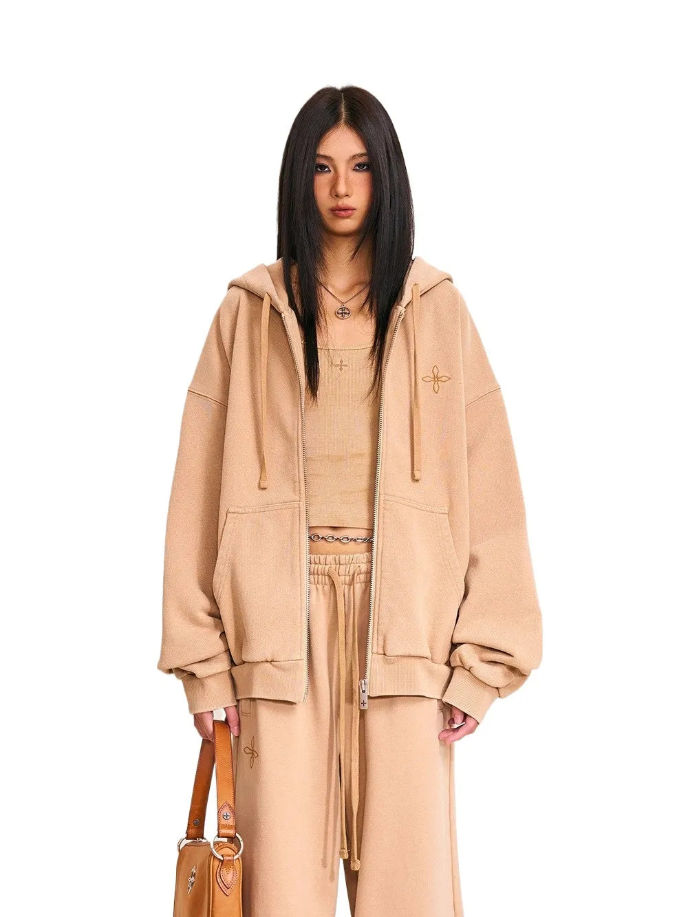 Cross Emblem Oversized Zip-up Hoodie