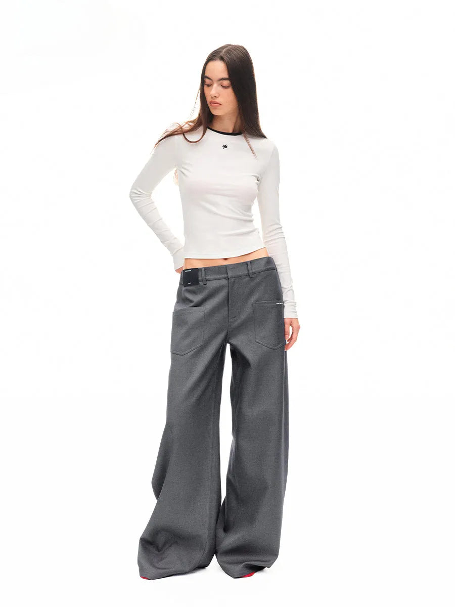 Contrast-trim Regular-shoulder Long-Sleeve T-shirt