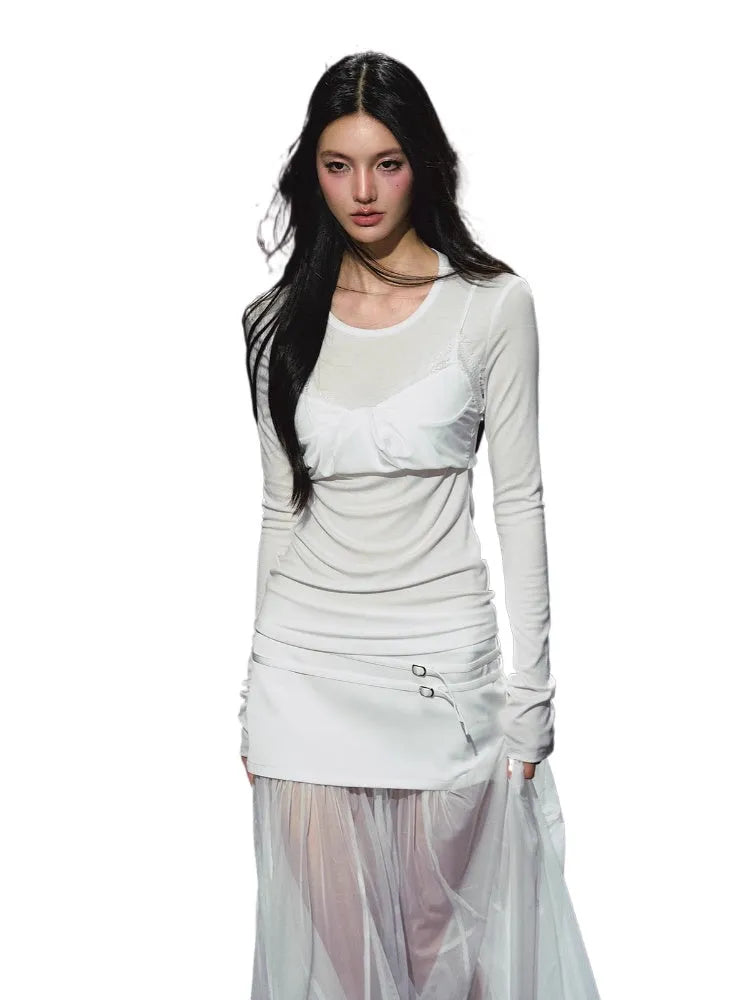 Lyocell Fake Two-piece Sheer Blouse & Skirt Set