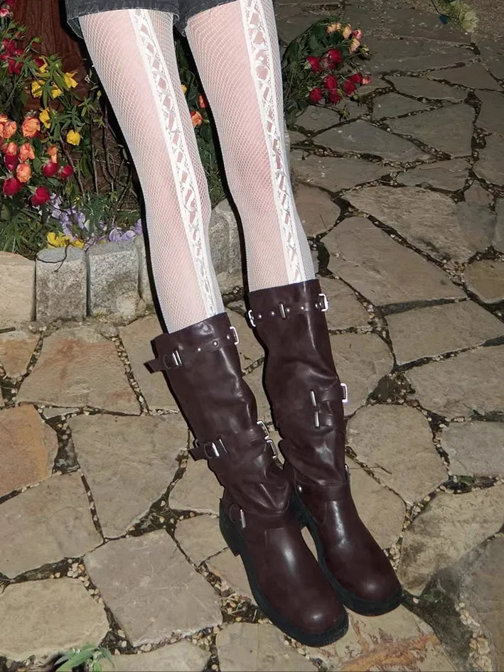 Multi-Strap Studded Mid-Calf Biker Boots