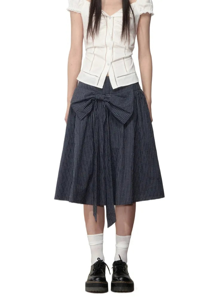 Checkered Bow A-line Midi Skirt