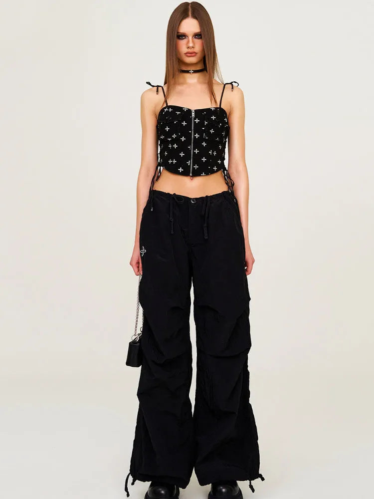 Drawstring Wide-Leg Cargo Workout Pants