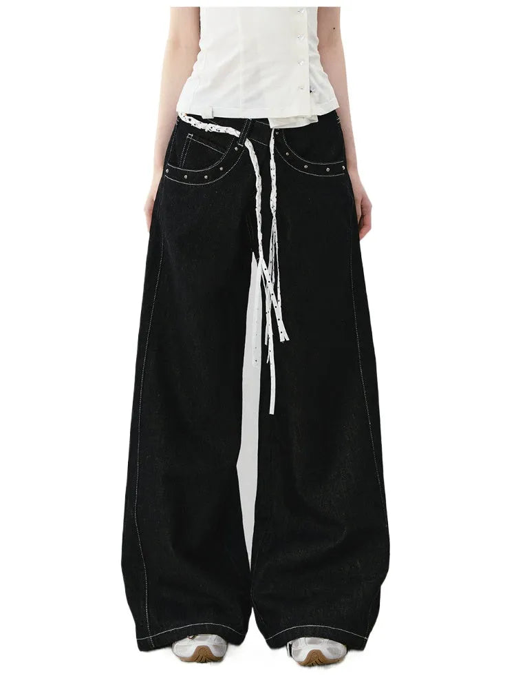 Irregular Waist Original Color Wide-Leg Denim Pants
