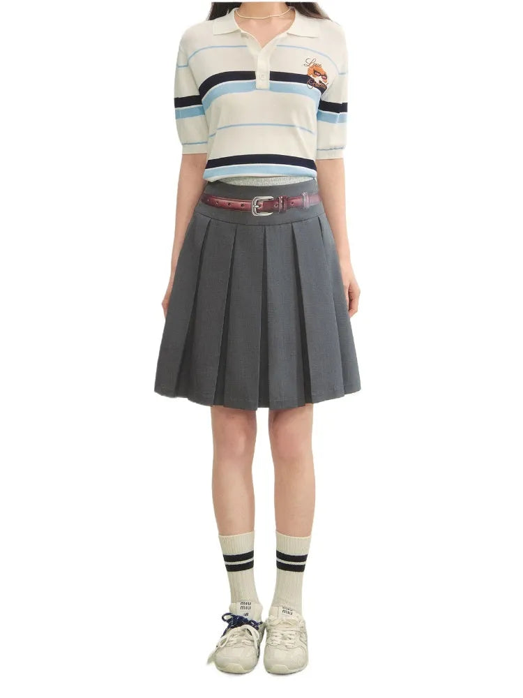 Fake Two-piece Printed Belted Pleated Skirt