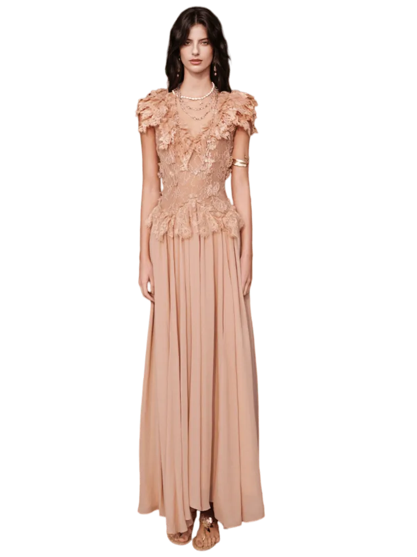 V-Neck Lace Panel High-Slit Maxi Dress