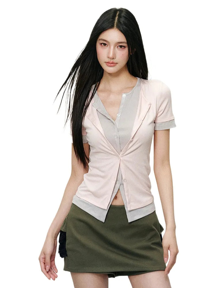 Fake Two-piece Collar Color-block Short Sleeve T-shirt