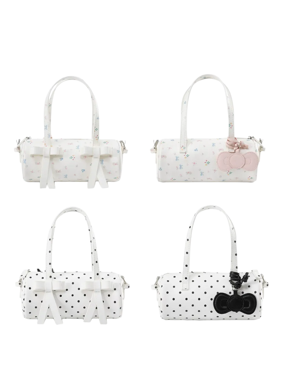 Bow-Accent Polka Dot & Floral Barrel Bag