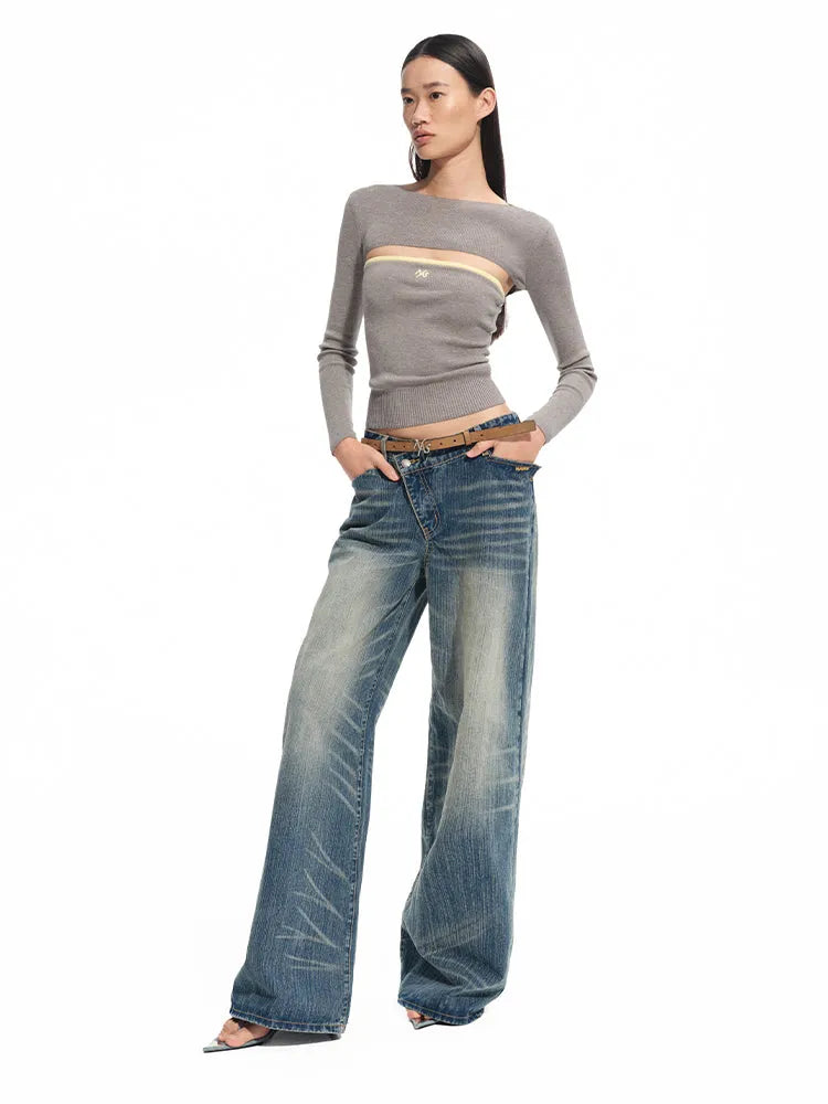 Washed Denim Low-waist Wide-leg Pants