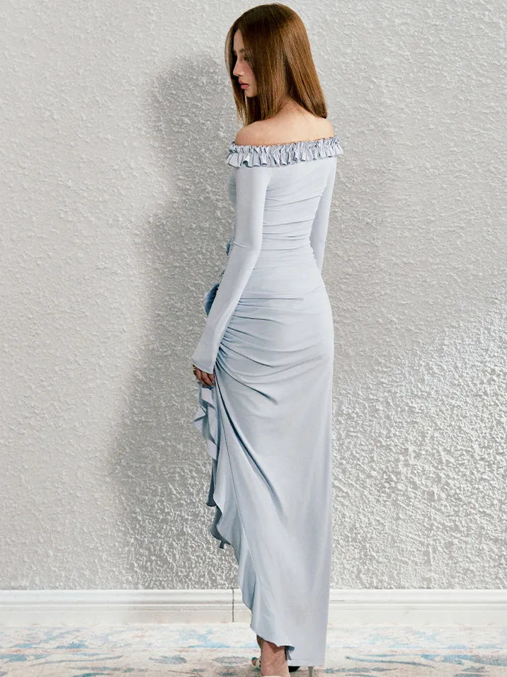 Ruffled Rose Off-shoulder Top & Asymmetrical Long Skirt Set