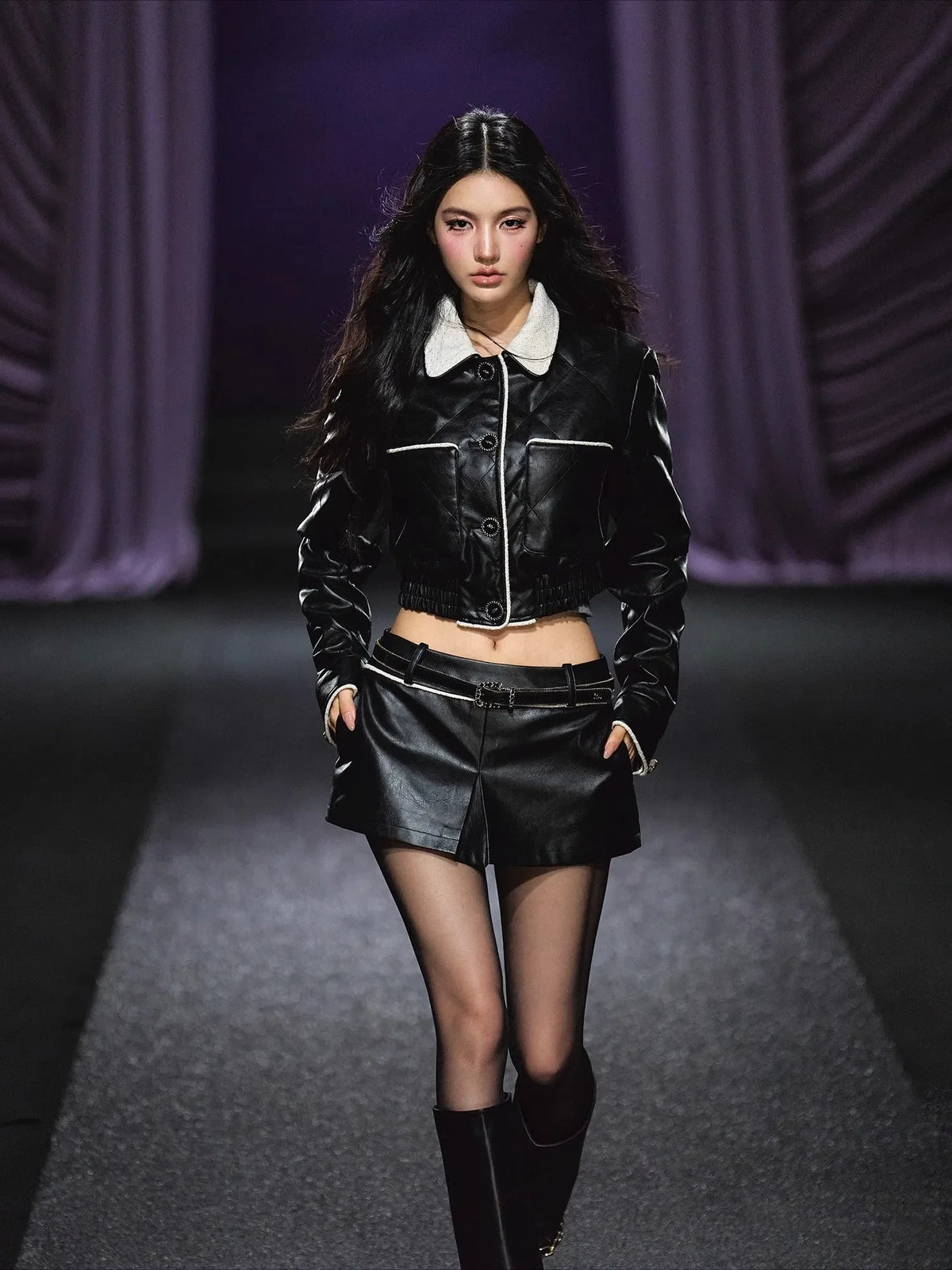 Contrast Trim Quilted Leather Jacket & Skirt Set