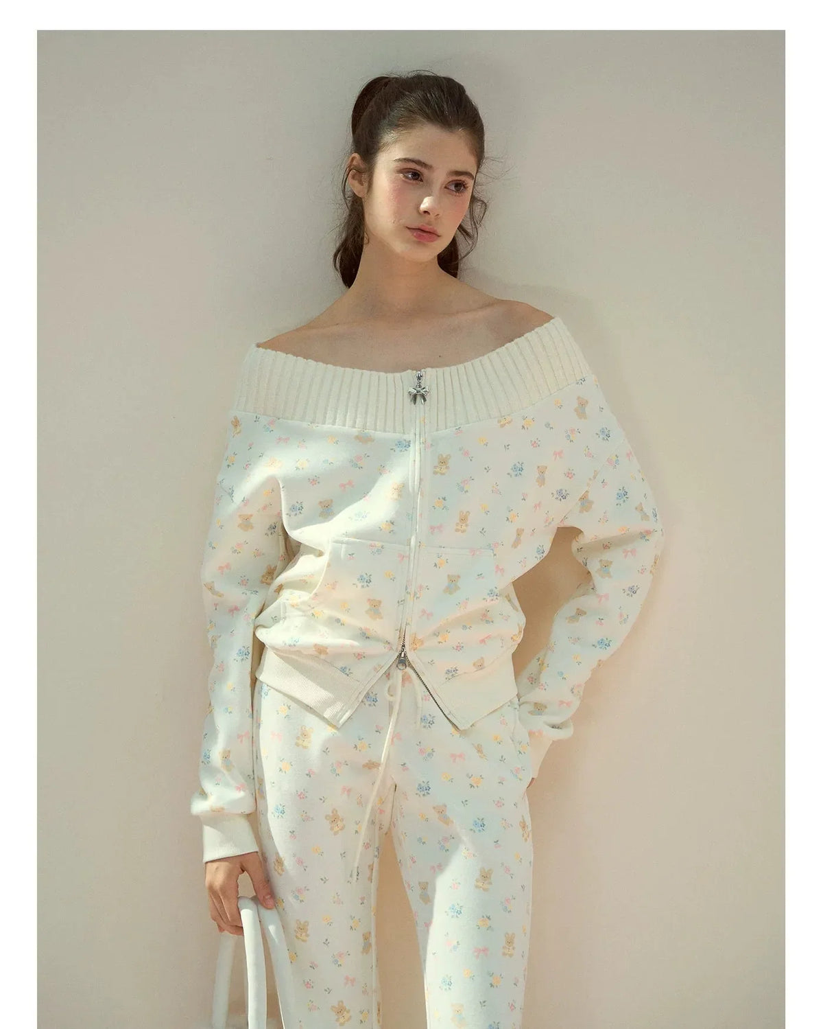 Floral Bunny Off-Shoulder Zip-up Sweatshirt