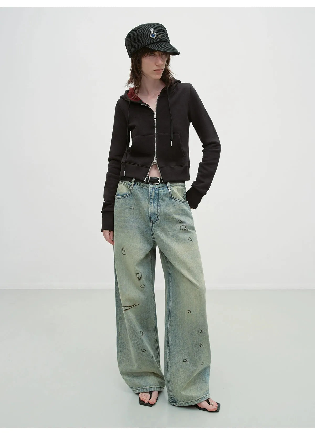 Vintage Burnt-Edge Printed Washed Denim Pants