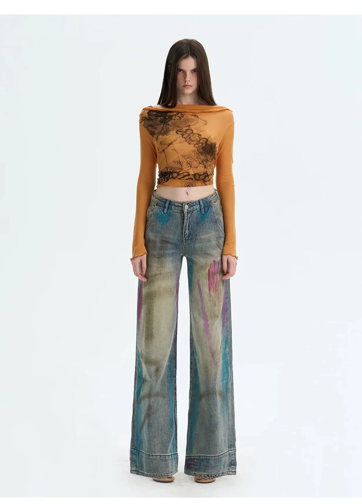 Washed Blue Graffiti Straight-Leg Denim Jeans