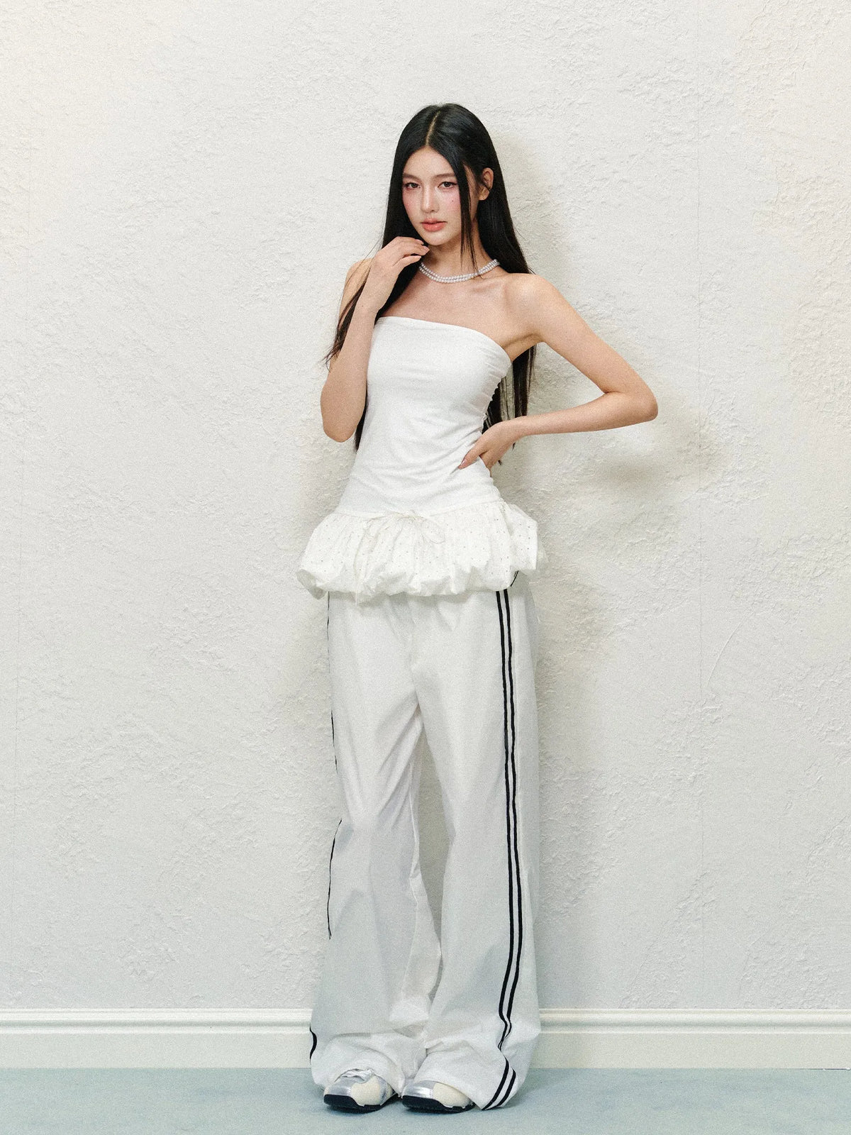 Lace Trim Pleated Wide-leg Pants