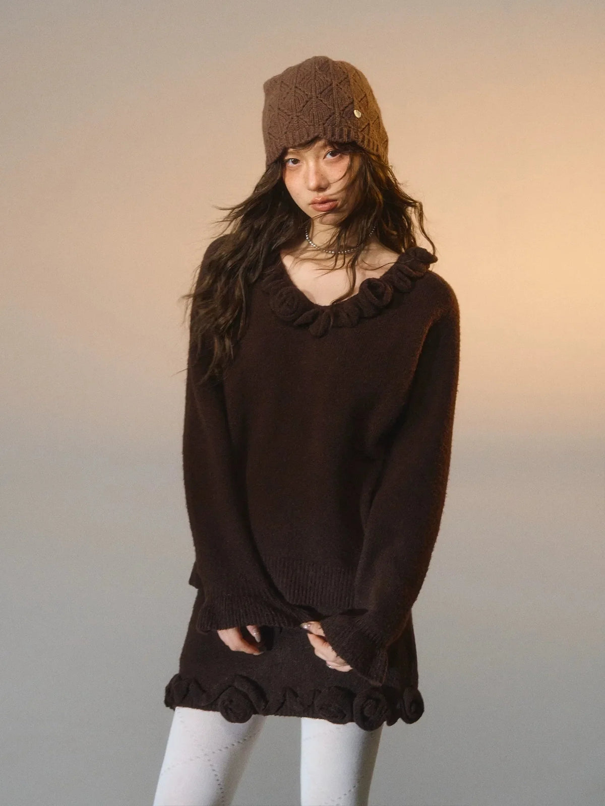 3D Rose V-Neck Knit Sweater & A-Line Knit Skirt Set