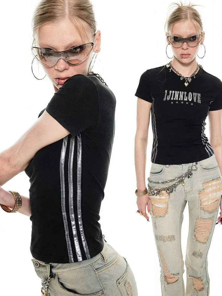 Vintage Washed Patchwork Striped Slim Fit T-Shirt
