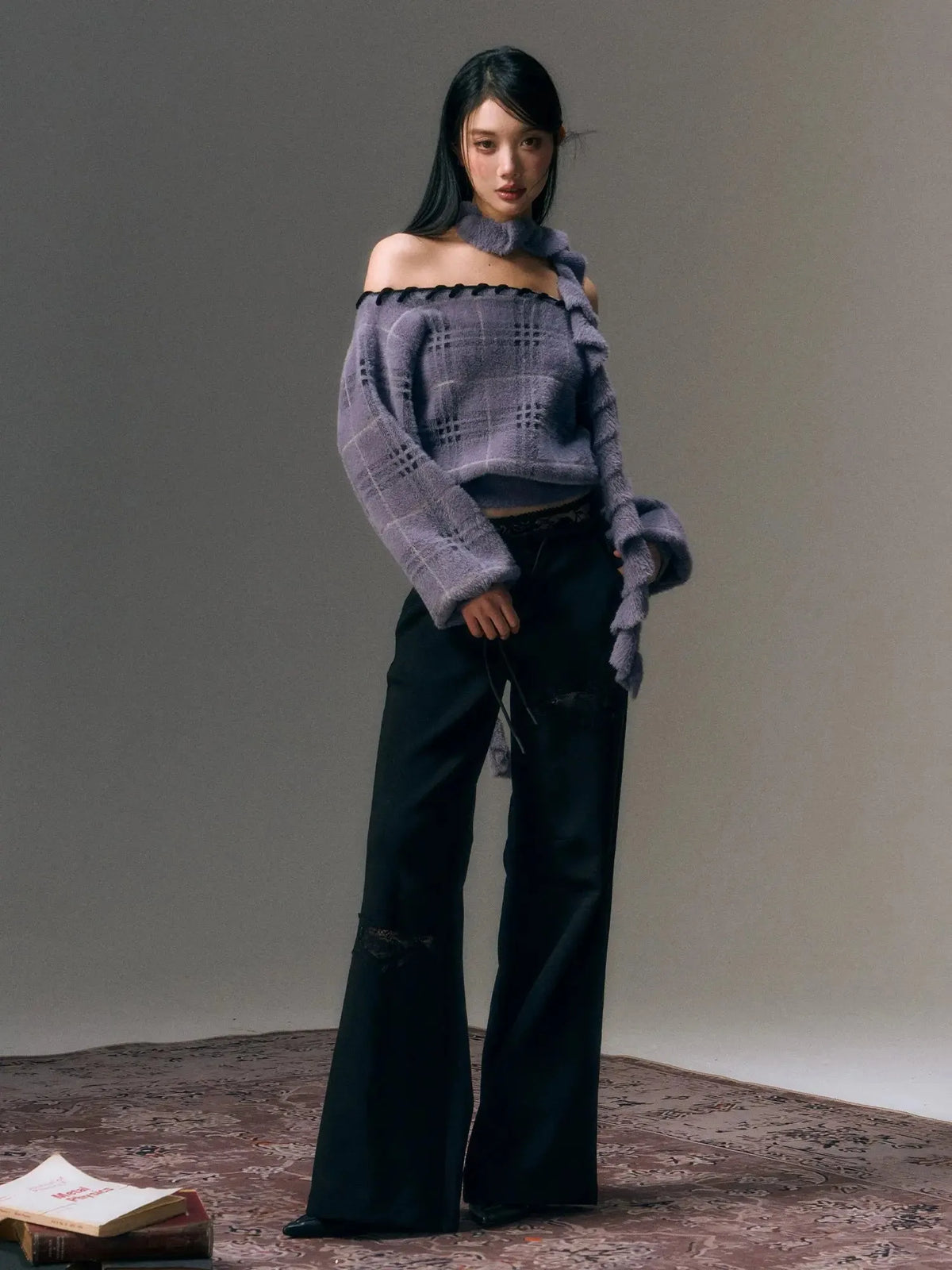 Black Patchowork Lace Drawstring Lounge Pants