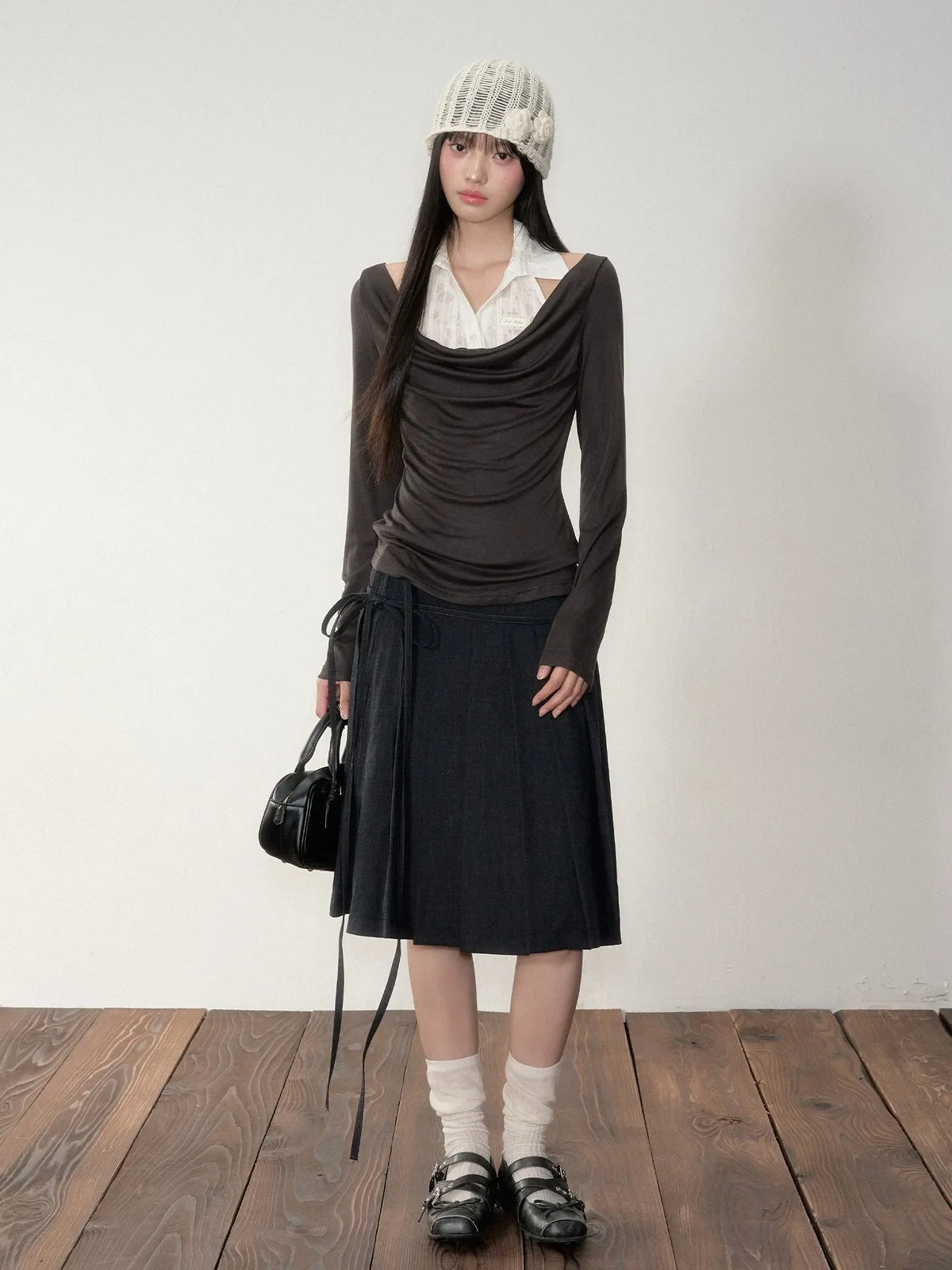 Dark Grey Tie-Waist Pleated Midi Skirt