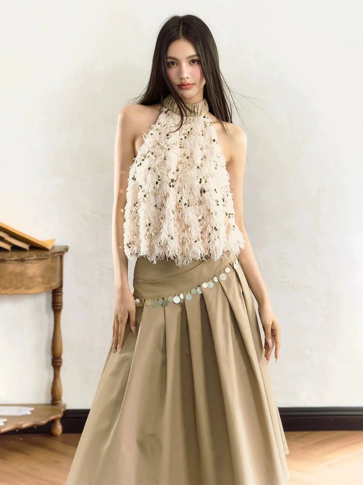Apricot Fringed Sequined Neck Vest