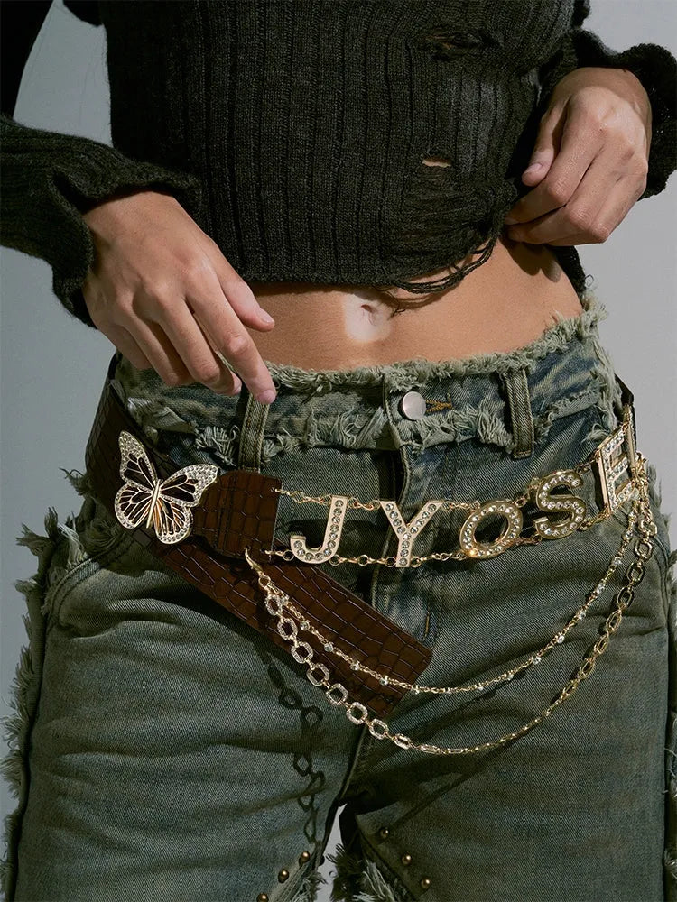 Butterfly Rhinestone PU Waistbelt
