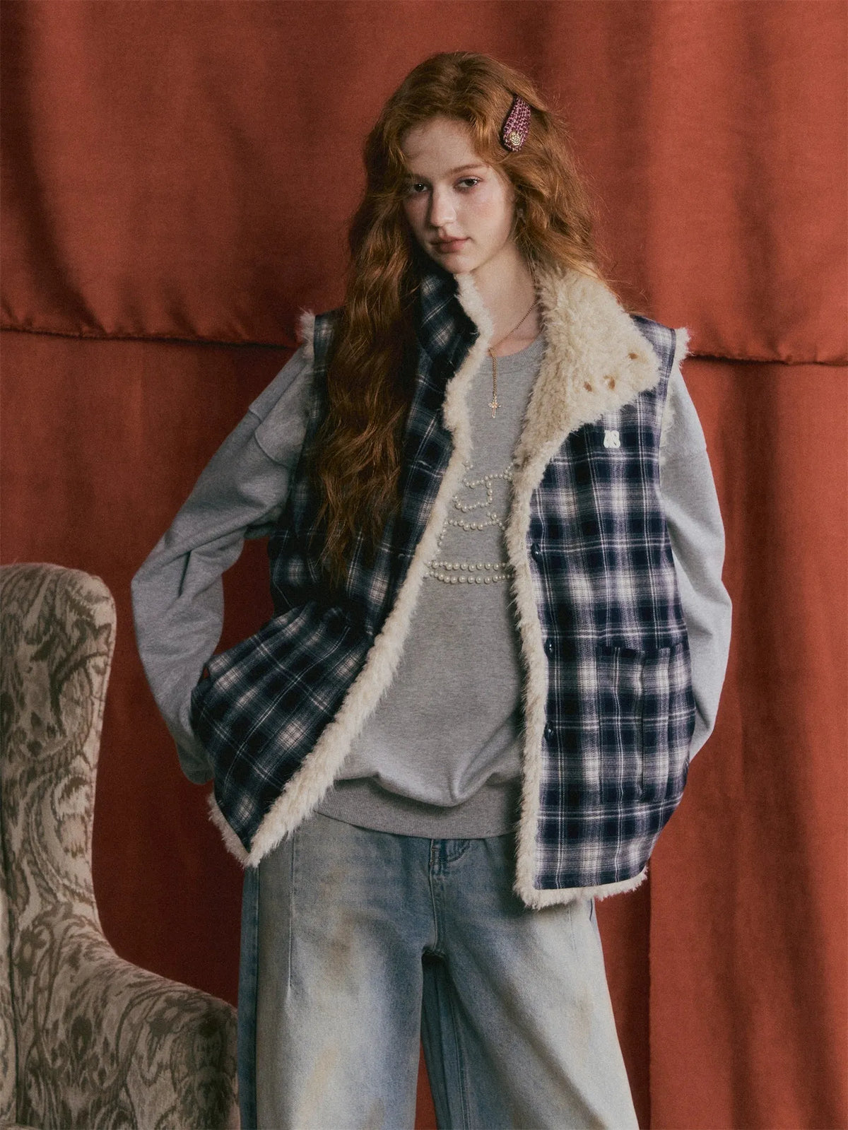 Reversible Plaid Fleece Button-Up Vest