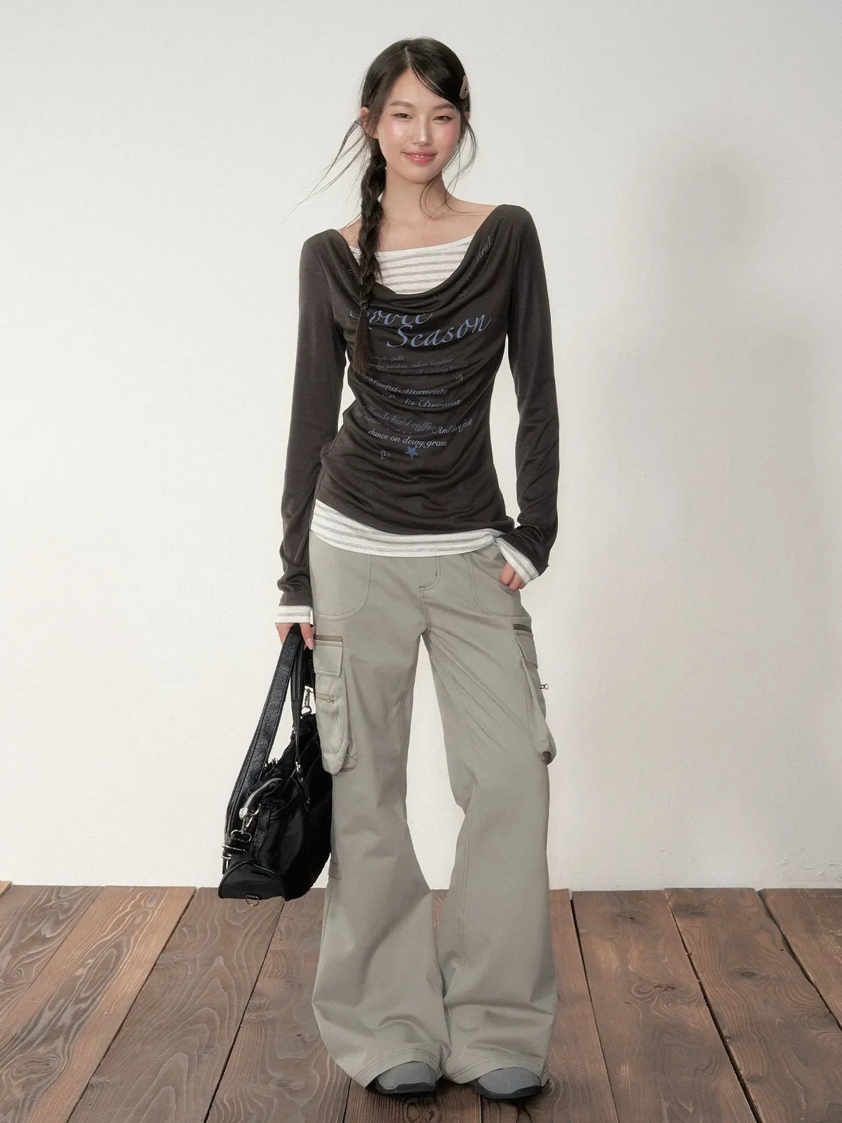 Gray-Green 3D Pockets Cargo Zipper Flare Pants