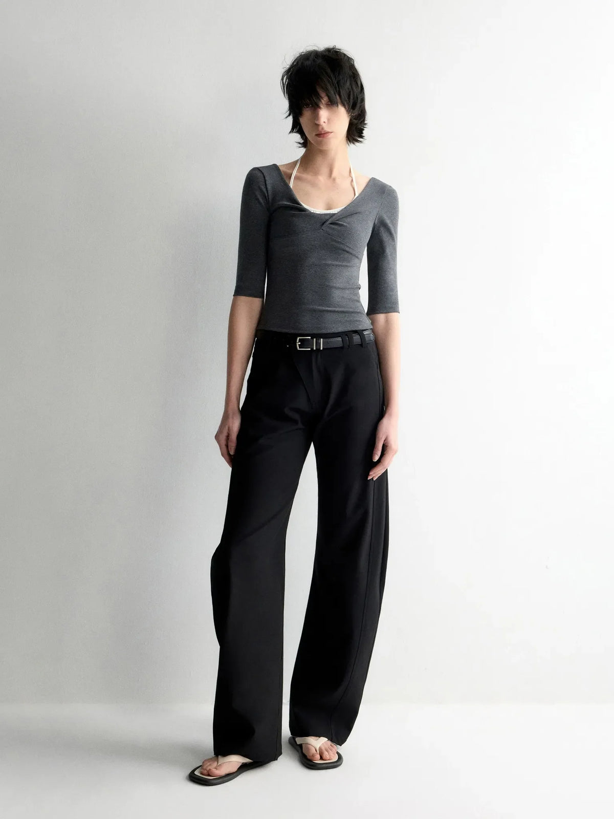 Twist Neck Waist-Tying T-shirt
