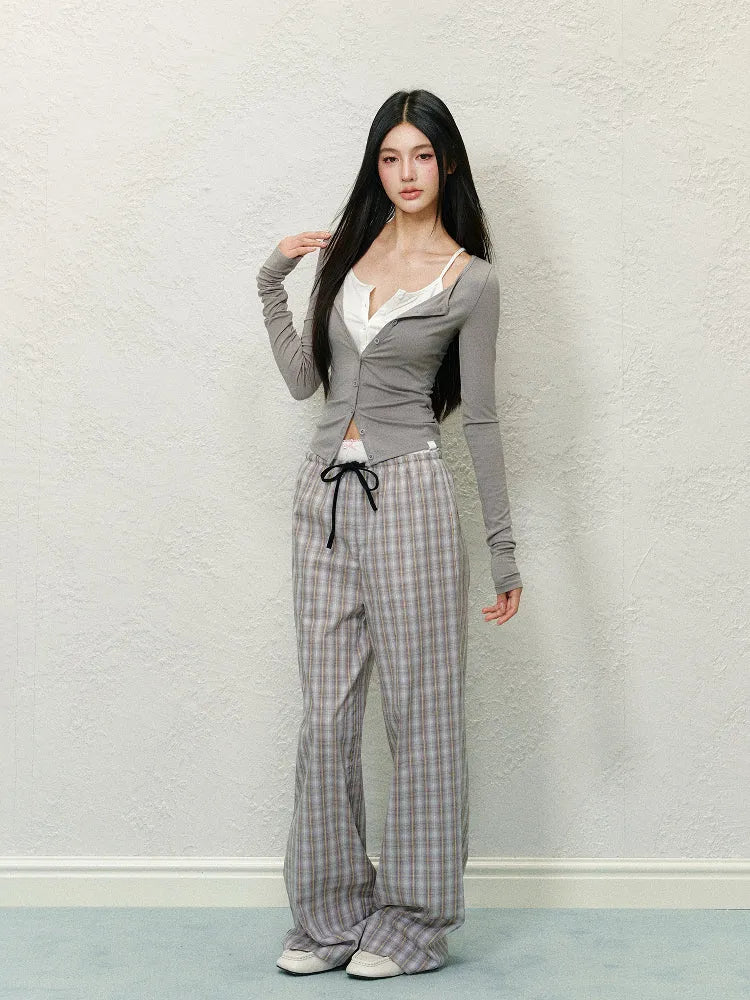 Double Waistband Spliced Fake Two-Piece Long Pants