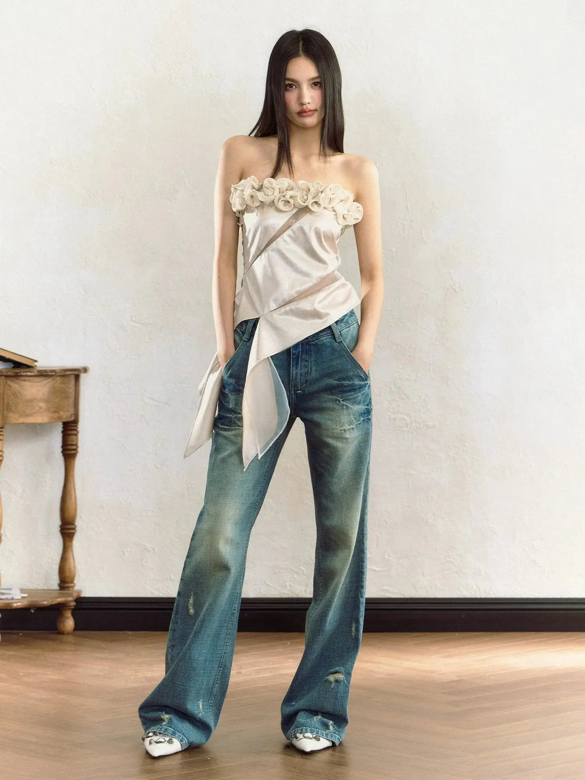 Blue Distressed Low-rise Wide-leg Jeans
