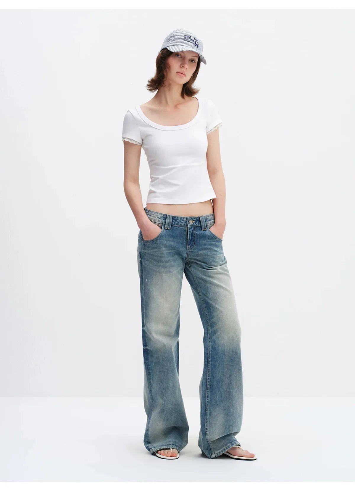 Vintage Washed Low-Rise Flared Denim Jeans