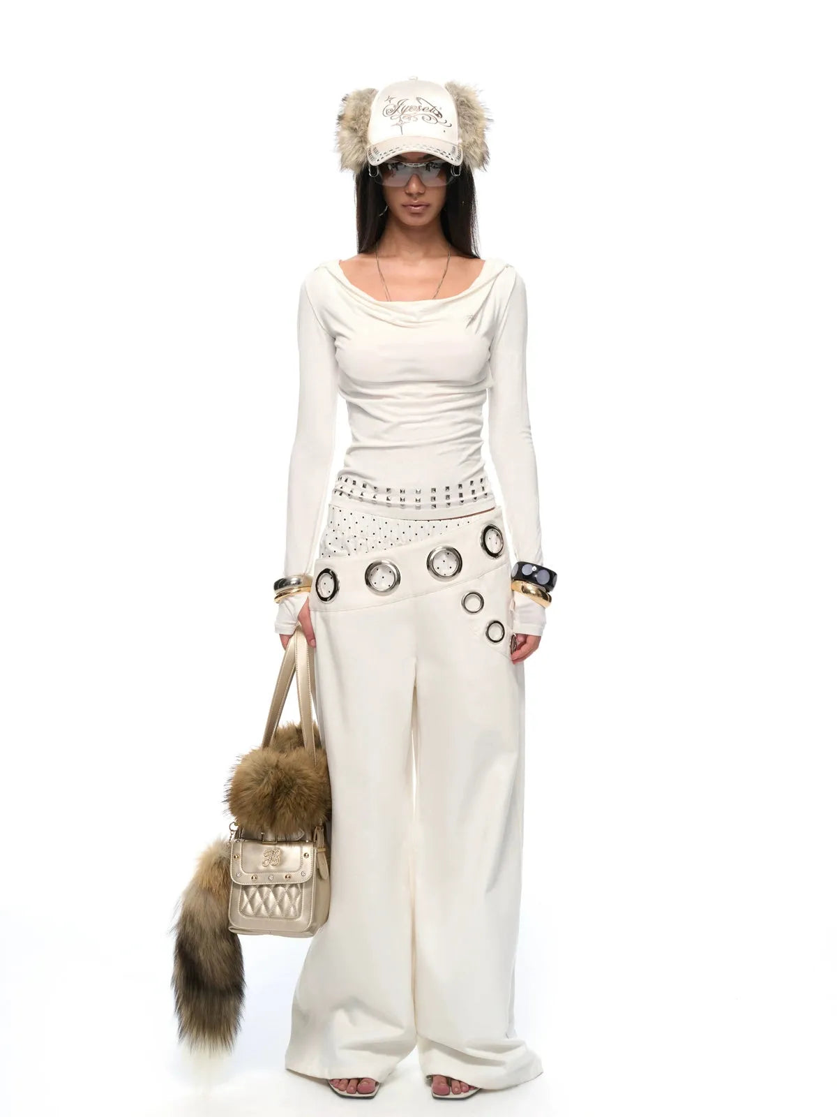 Layered-Effect Wide-Leg Cargo Jeans