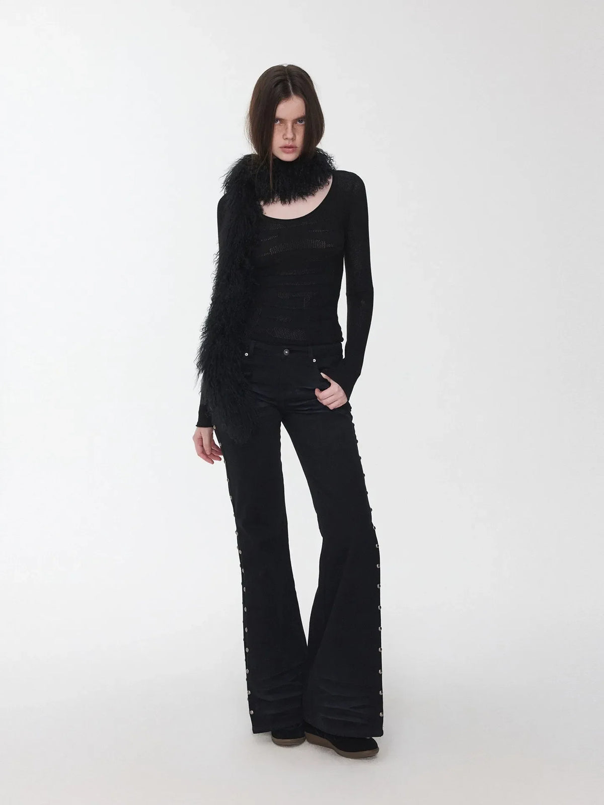 Studded Cat-Whisker Flared Denim Pants