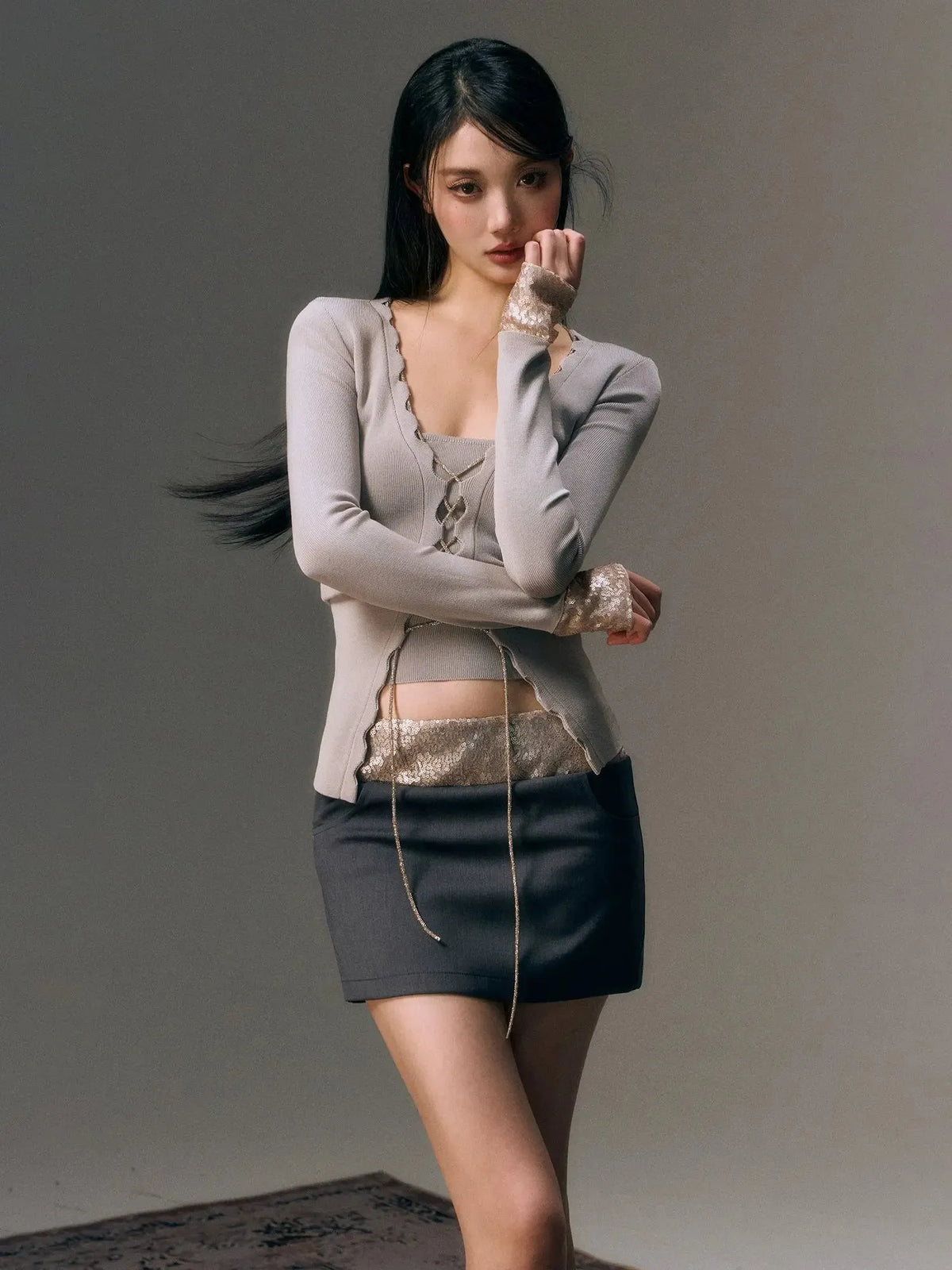 Gray Lace Up Cardigan & Tank Top Set