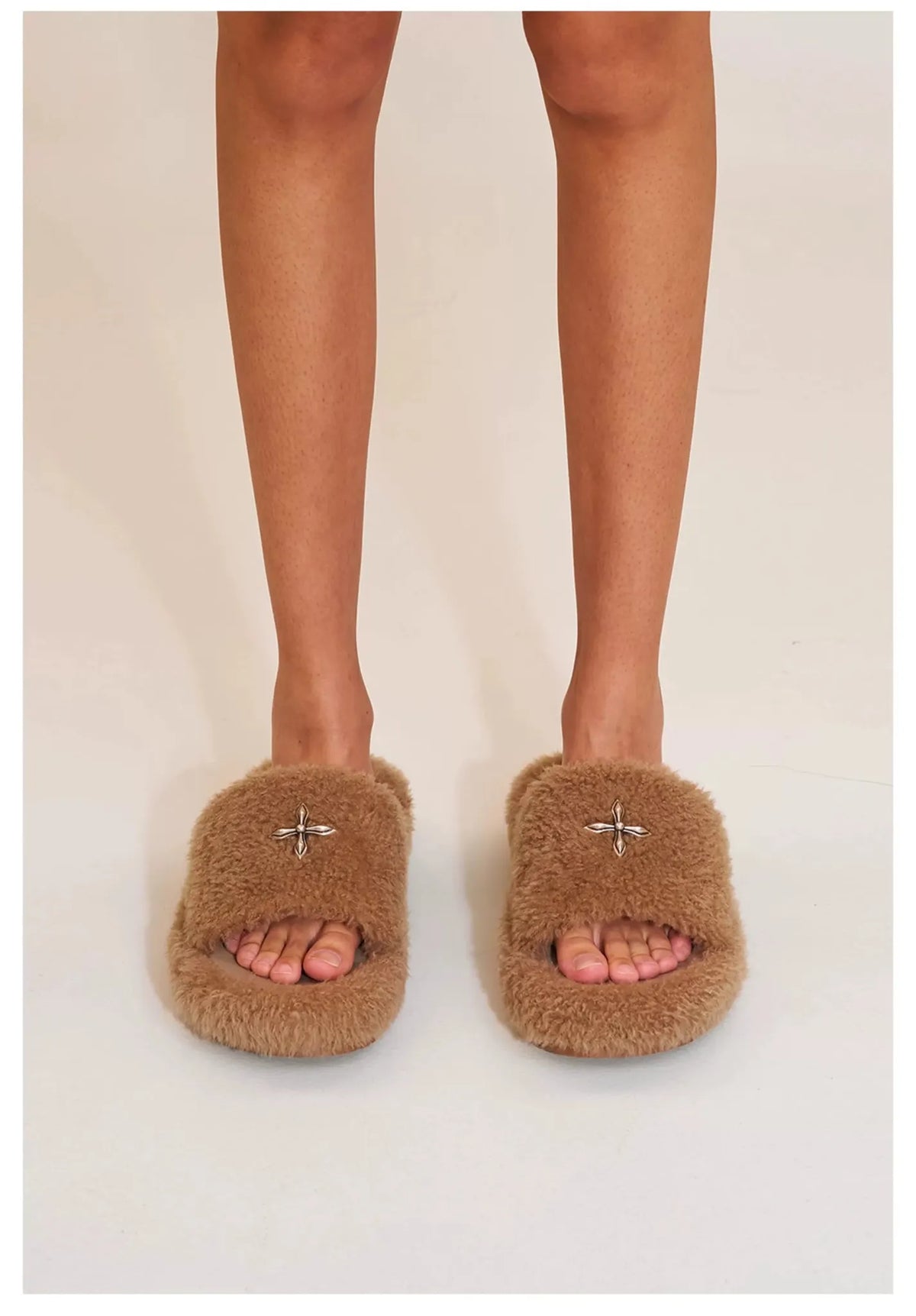 Compass Shearling Slide Sculpted Cross Emblem Sandals