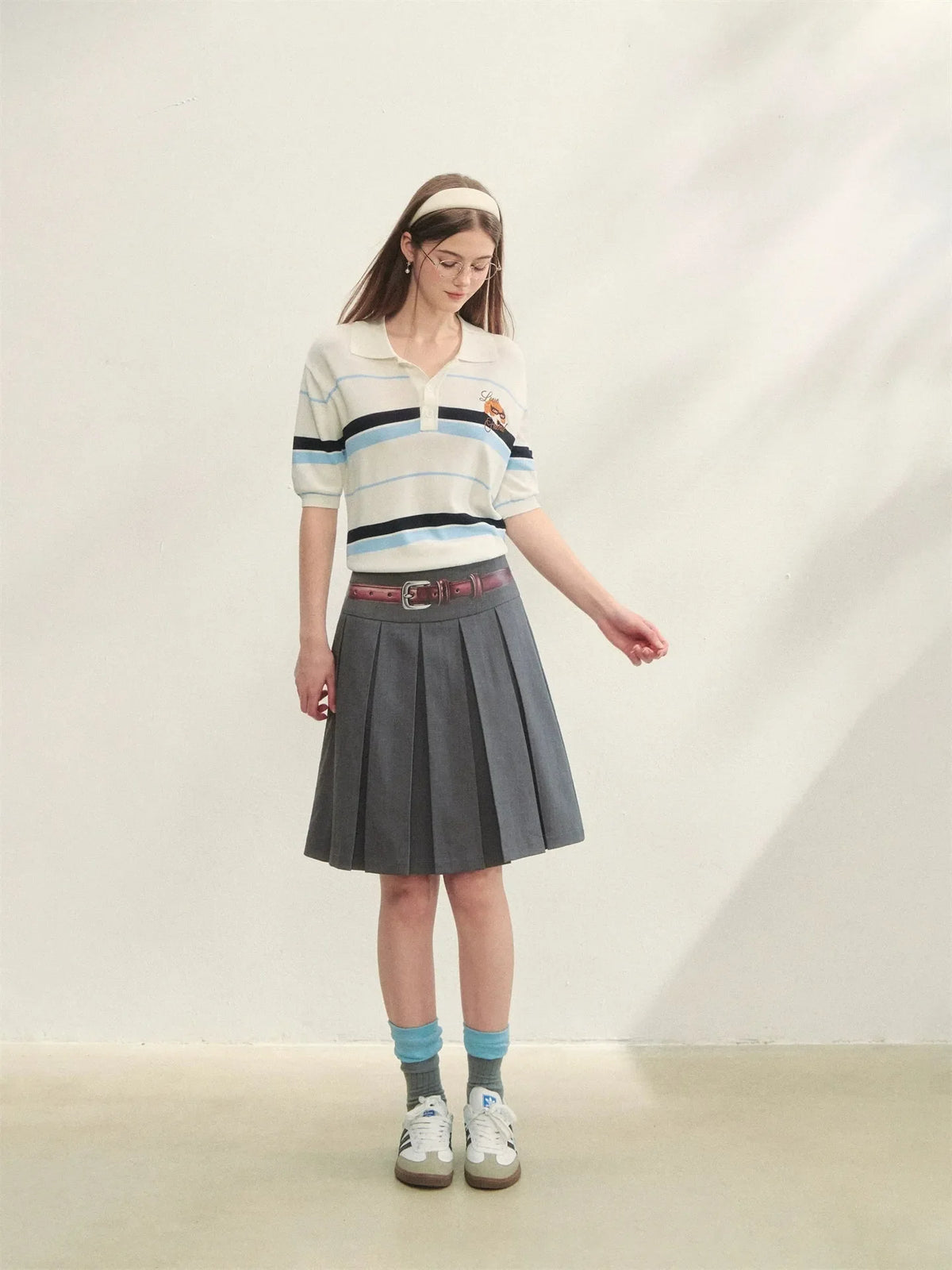 Fake Two-piece Printed Belted Pleated Skirt