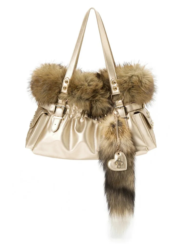 Faux Fox-Trim Structured Tote Bag