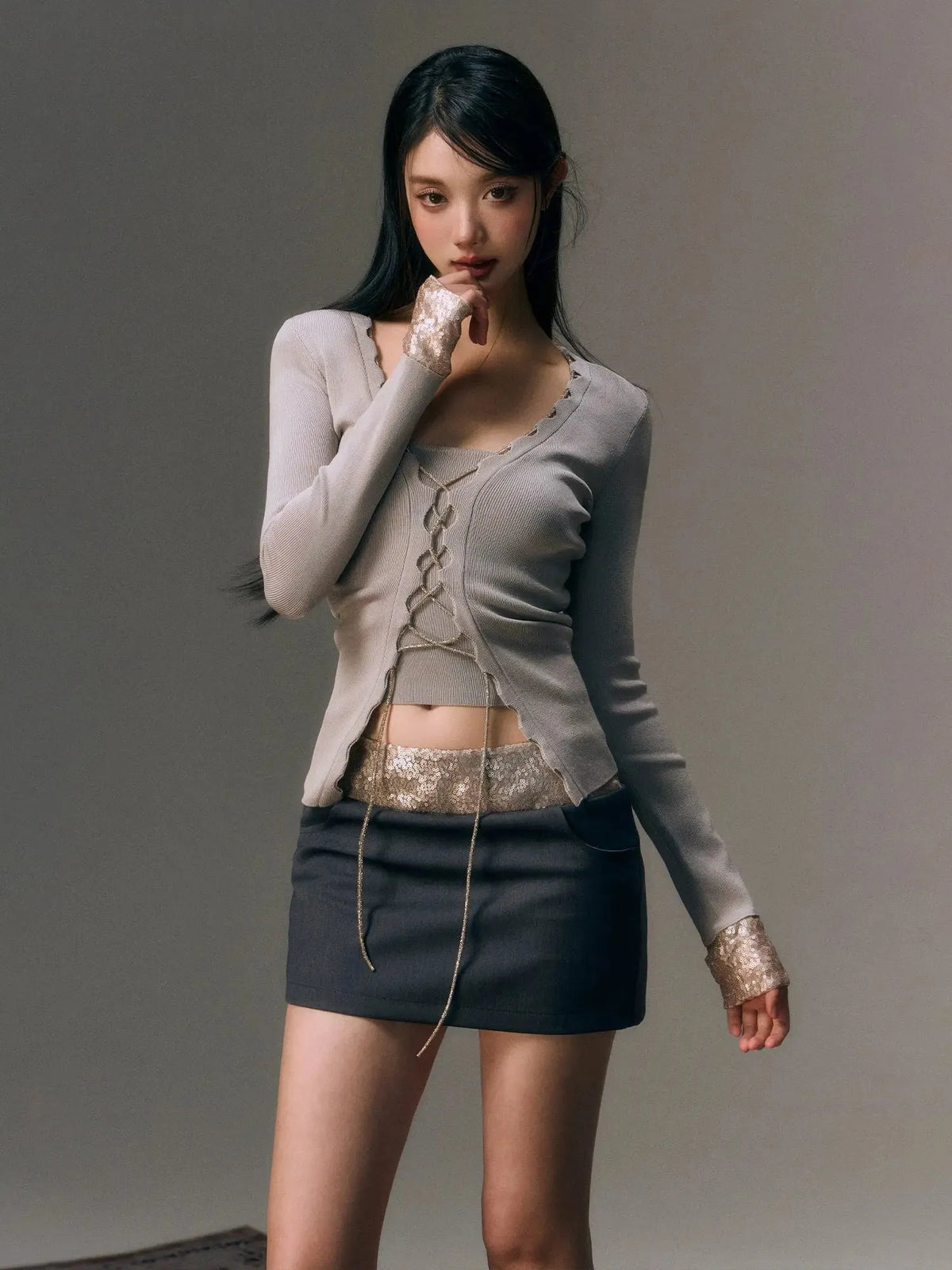 Gray Lace Up Cardigan & Tank Top Set