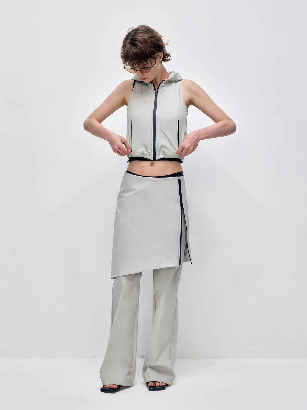 Color Blocking Fake Two-piece Zipper Slightly Flared Skirt
