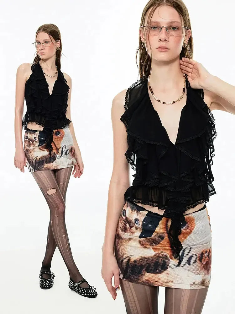 Big Nose Dog & Lap Cat Satin Printed Mini Skirt