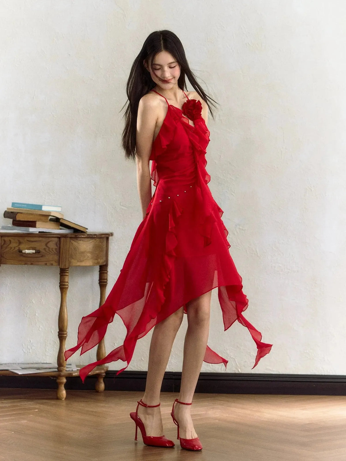 Rose Ruffle Trim Sling Dress