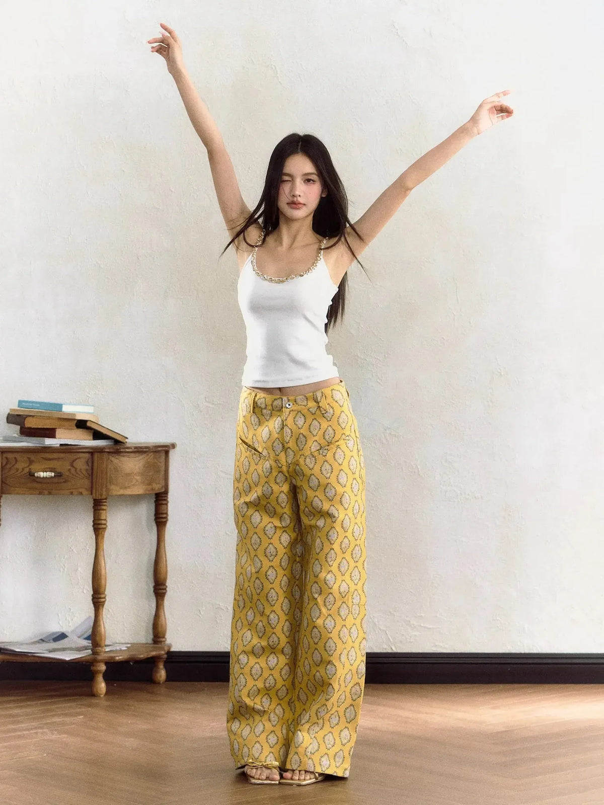 Yellow Embroidered Wide-Leg Pants