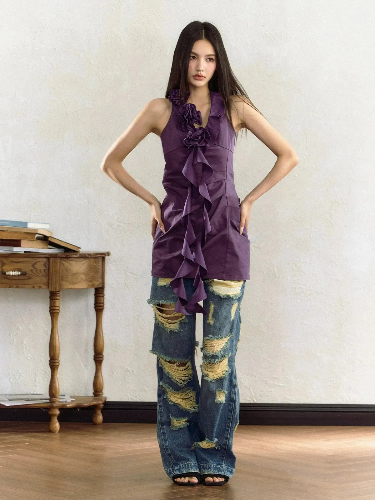 Purple Rose Ruffle Trim Sleeveless Dress