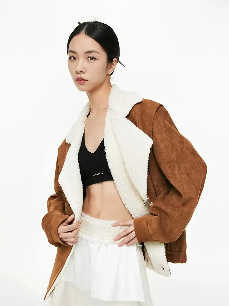 Lamb Wool Collar Faux Suede Jacket